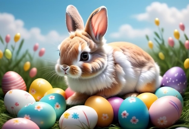 Coelho de Páscoa e ovos decorados conceito de caça de ovos férias de primavera