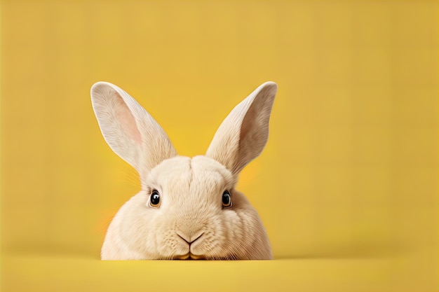 Coelho de páscoa fofo saindo amarelo sobre fundo amarelo com espaço vazio para texto ou produto curioso pequeno coelhinho símbolo da primavera e páscoa