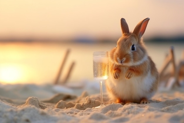 Foto coelho desfrutando de uma bebida na praia ia generativa