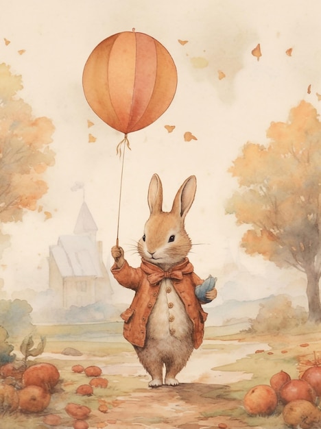 coelho em fundo de outono convite de outono com desenho animado coelho cartão de outono vintage