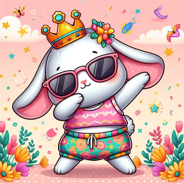 Foto coelho engraçado vestindo roupas coloridas e óculos de sol dançando no fundo pastel
