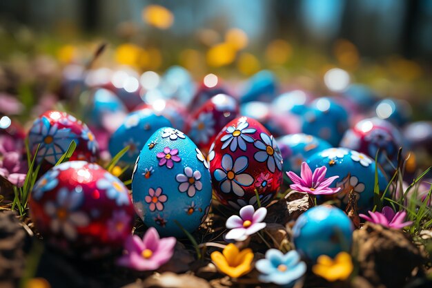 Coelho feliz com muitos ovos de páscoa coloridos conceito de dia de Páscoa com doce de ninho de coelho ou flor