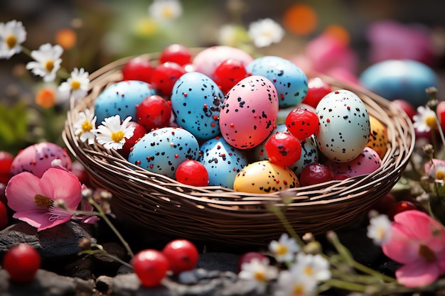 Coelho feliz com muitos ovos de páscoa coloridos conceito de dia de Páscoa com doce de ninho de coelho ou flor