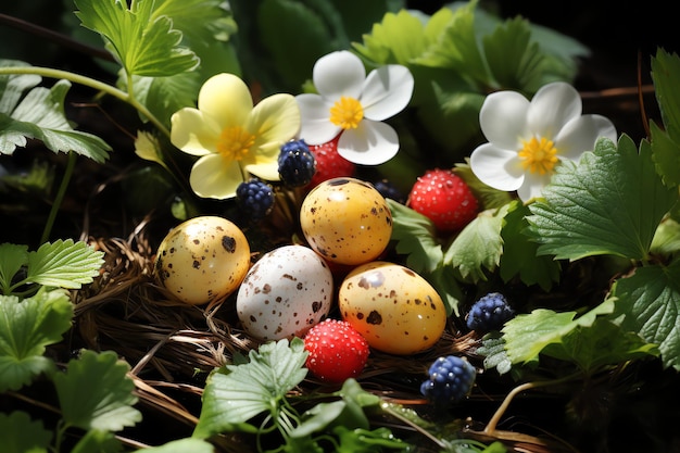 Coelho feliz com muitos ovos de páscoa coloridos conceito de dia de Páscoa com doce de ninho de coelho ou flor