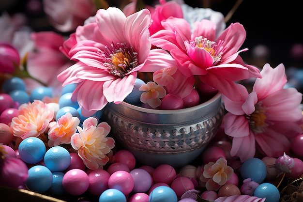 Coelho feliz com muitos ovos de páscoa coloridos conceito de dia de Páscoa com doce de ninho de coelho ou flor