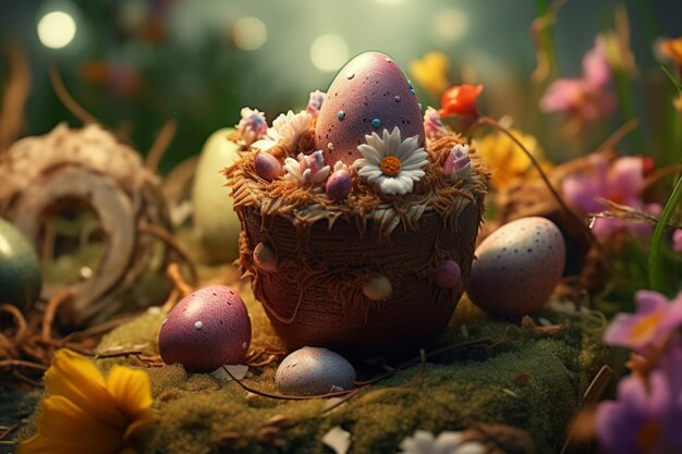 Coelho feliz com muitos ovos de páscoa coloridos Conceito de dia de Páscoa com doces ou flores de ninho de coelho
