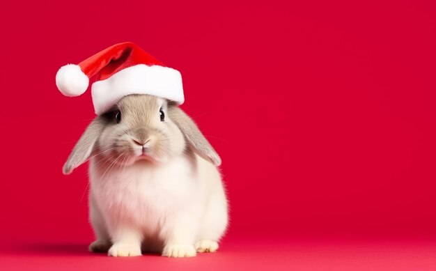 Coelho festivo com chapéu de Papai Noel em fundo vermelho