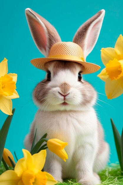 Coelho Festivo Um bonito coelho de Páscoa em um chapéu com flores de narcisos em um fundo pastel