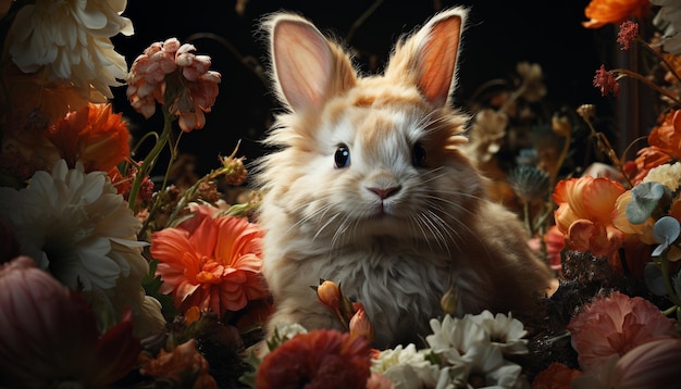 Coelho fofinho sentado na grama cercado por flores geradas por inteligência artificial