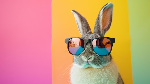 Coelho legal com óculos de sol em fundo colorido AI Generative