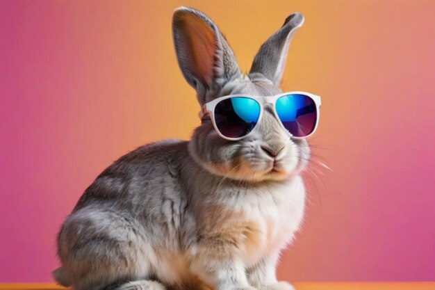 Coelho legal com óculos de sol em fundo colorido