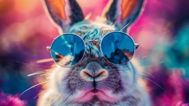 Coelho legal com óculos de sol fundo colorido elegante e vibrante estilo de coelho hipster AI Generative