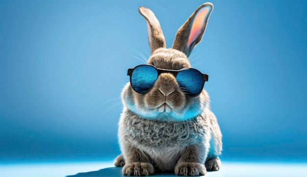 Coelho legal feliz engraçado com óculos de sol em bakcground azul Gerar Ai
