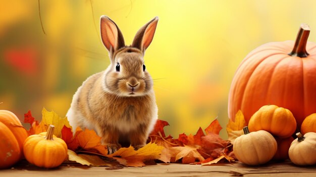 Foto coelho no outono abóboras cartão de dia de ação de graças feriado de outono