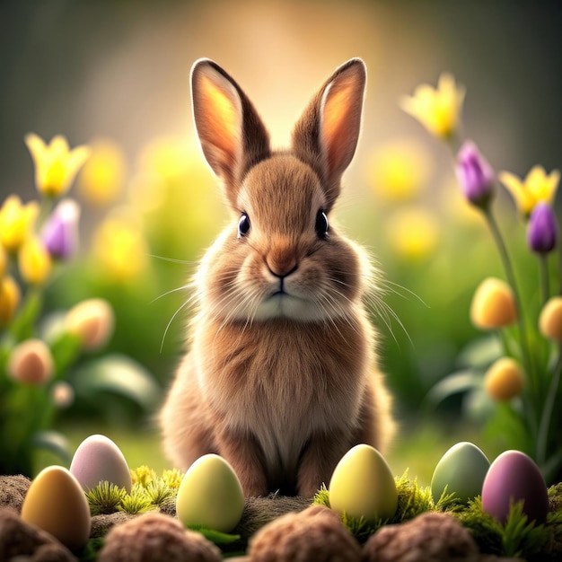 Coelho realista bonito cercado por ovos brilhantes coloridos e flores amarelas conceito de Páscoa