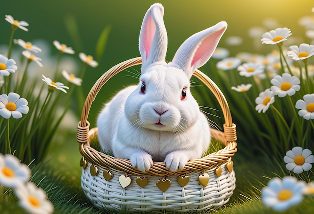 Foto coelho sentado em uma cesta no fundo da floresta