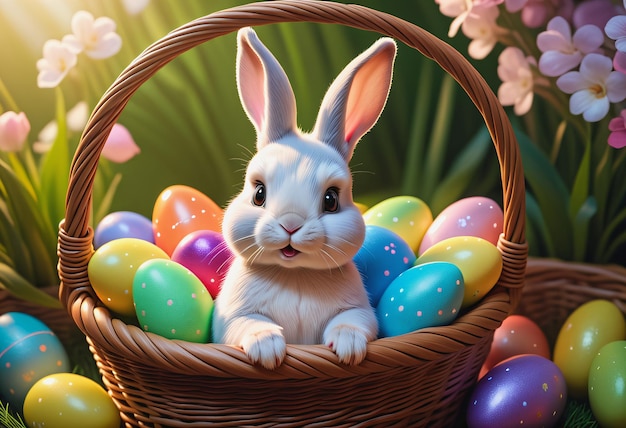 Foto coelho sentado no cesto de ovos de páscoa