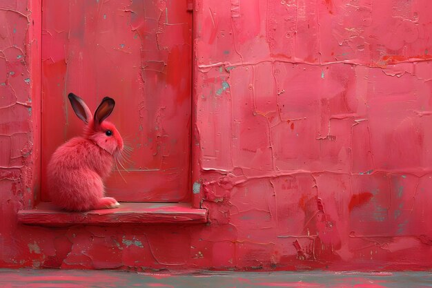 Foto coelho sentado no parapeito da janela em frente à parede vermelha ia generativa