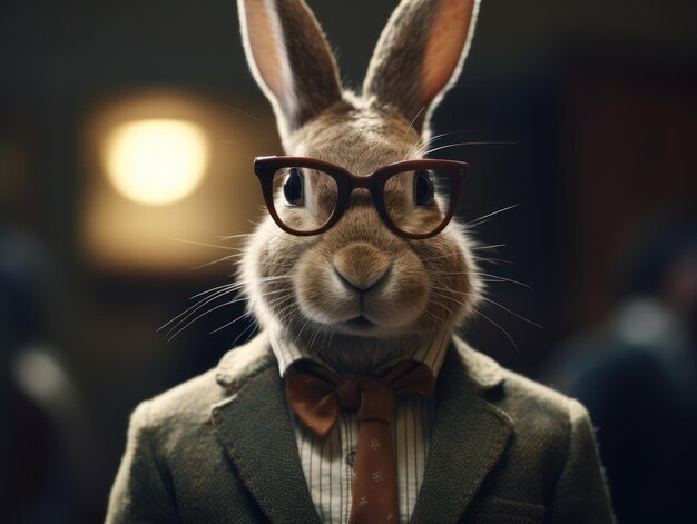 Foto coelho vestido com um terno de negócios e usando óculos perto do retrato