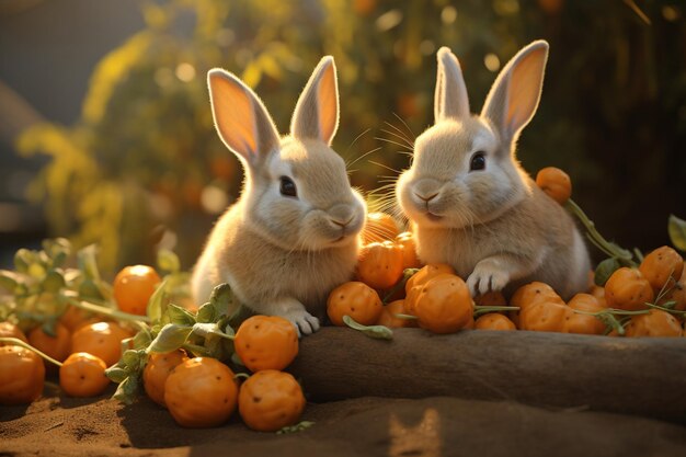 Foto coelhos a comer cenouras.