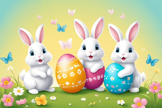 Coelhos brancos de Páscoa em diferentes poses e ilustração de ovos de Páscua no fundo colorido