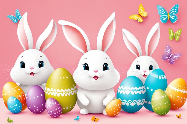 Foto coelhos brancos de páscoa em diferentes poses e ilustração de ovos de páscua no fundo colorido