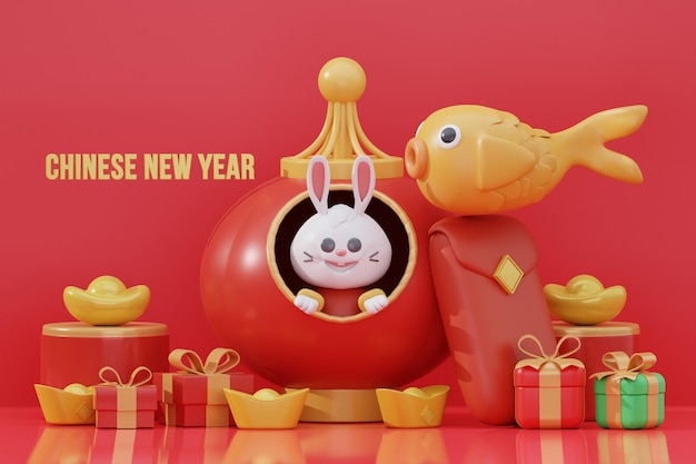 Coelhos comemorando o ano novo chinês em fundo vermelho