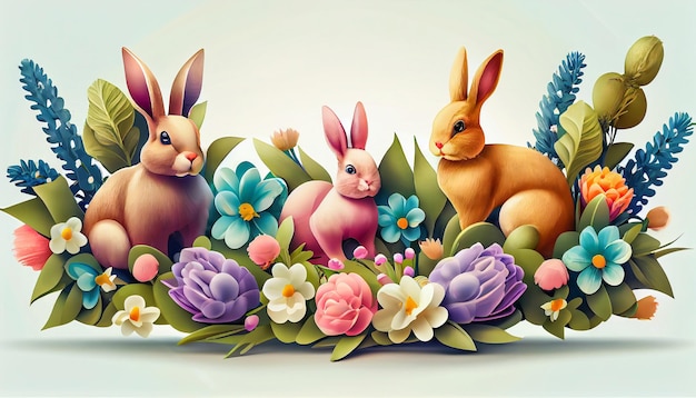 Coelhos de Páscoa nas flores pintando estilo saudação cartão de páscoa IA gerada