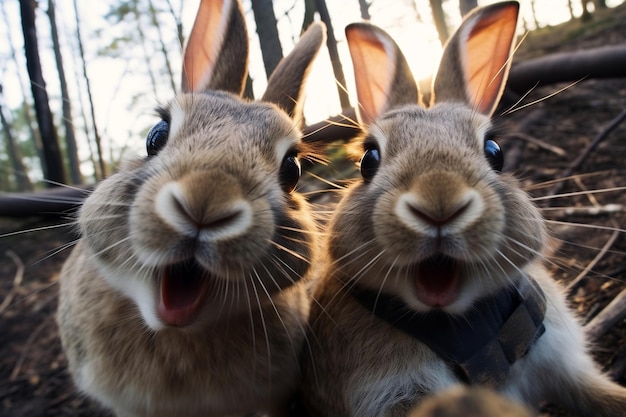 Coelhos engraçados tirando uma selfie Generative Ai