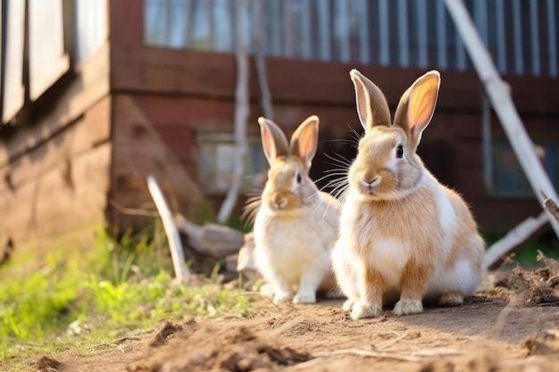 Coelhos fofinhos adoráveis sentam-se em gaiolas com grades metálicas em uma fazenda de animais de estimação de roedores