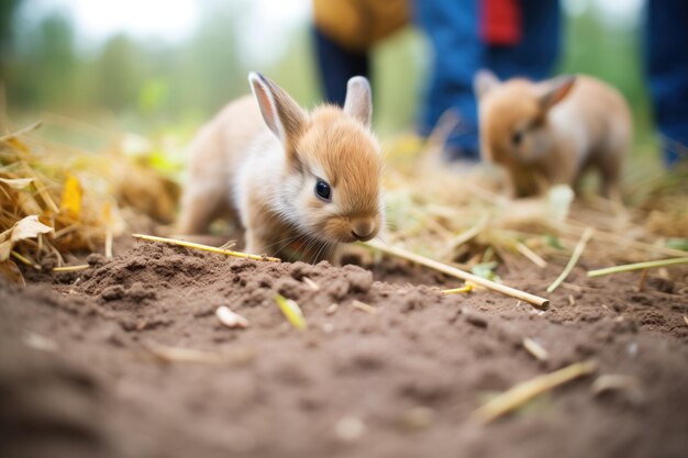 Foto coelhos jovens a aprender a cavar