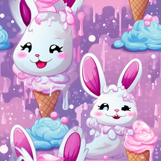 Coelhos sem costura em padrão de casquinhas de sorvete Sweet Bunny Delights