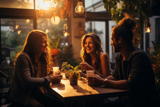 Coffee break crepuscular com amigos em um café do cali mall combinando iluminação artificial e suave natural