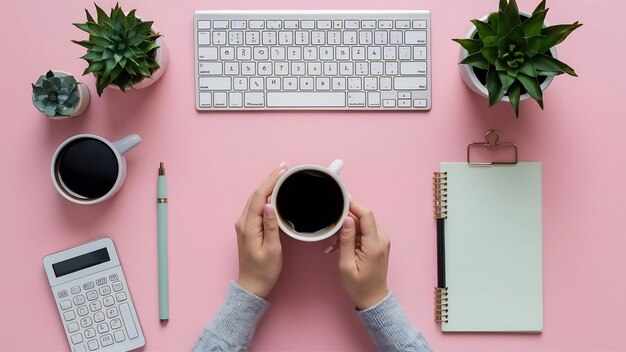 Foto coffee break flat lay mock up feminine home office workspace copyspace (espacio de trabajo de la oficina en el hogar)