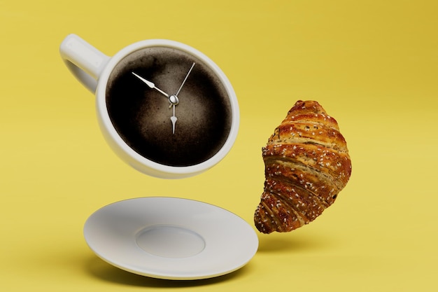 Coffee break uma xícara de café na forma de um despertador e um croissant em um fundo amarelo