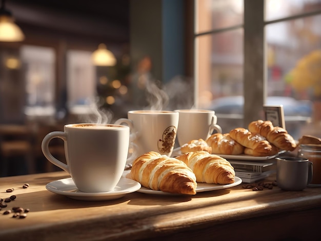 Coffeeshop-Szene mit dampfenden Tassen Kaffee und frisch gebackenem Gebäck