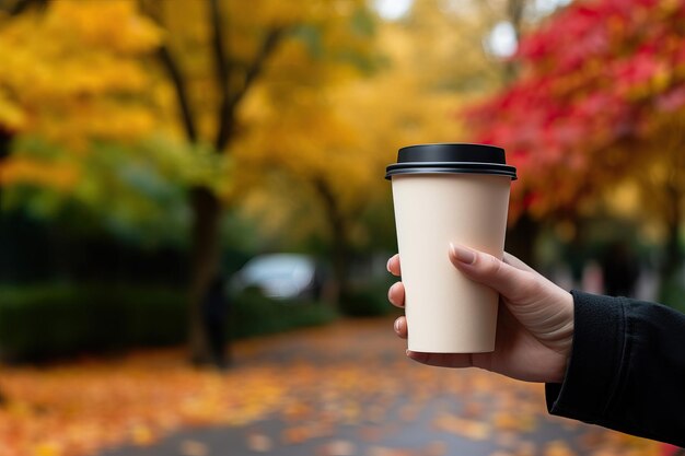 Coffeetogo-Mockup Close-up-Foto Hand mit einem Kaffeebecher zum Mitnehmen im Herbstpark Hintergrund