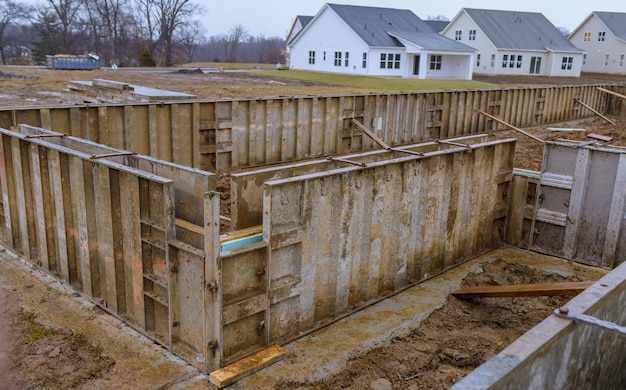 Cofragem com reforço de metal para despejar concreto uma base sólida para uma casa conceito de construção de casa de ferro parede de cimento