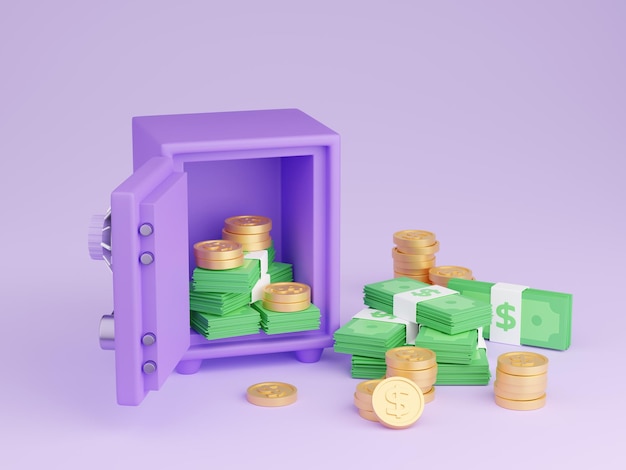 Cofre com dinheiro 3d rende caixa forte roxa aberta cheia e cercada por pilha de moedas de ouro e dinheiro em papel
