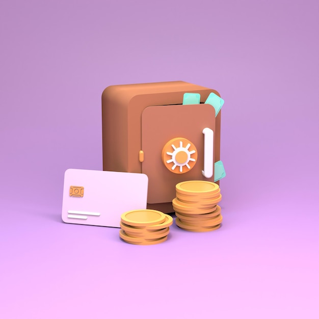 Cofre com moedas de ouro e cartões bancários ao redor. conceito de economia de finanças. ilustração 3d render