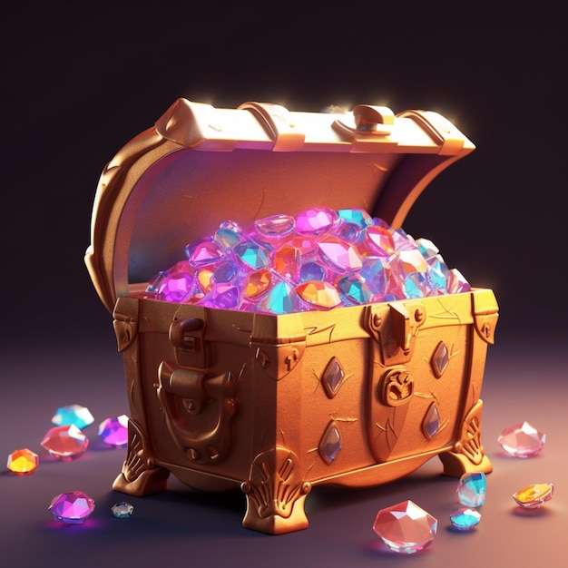 cofre dorado con muchos diamantes ilustración 3d al estilo violeta claro y ámbar claro