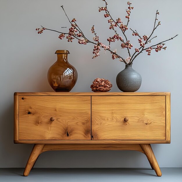 un cofre de madera con un jarrón con flores en él