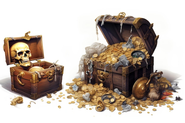 Un cofre del tesoro abierto lleno de monedas de oro aisladas en blanco