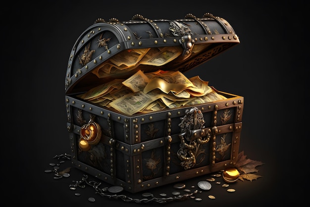 Cofre del tesoro abierto lleno de monedas de oro y costosos botines de piratas sobre fondo negro Arte generado por redes neuronales