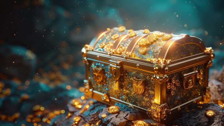 El cofre del tesoro adornado con monedas de oro en el suelo rocoso El concepto de tesoro y riqueza