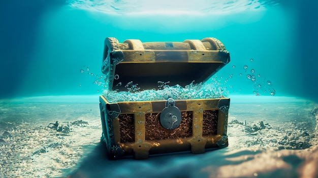 El cofre del tesoro bajo el agua en el océano generativo Ai