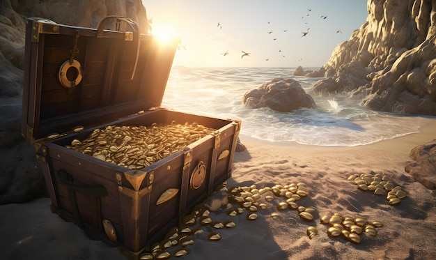Foto cofre del tesoro dorado en la playa de arena con monedas dispersas fondo de motor irreal