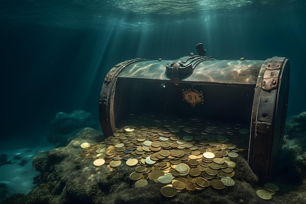 Un cofre del tesoro está bajo el agua con la palabra tesoro en él.