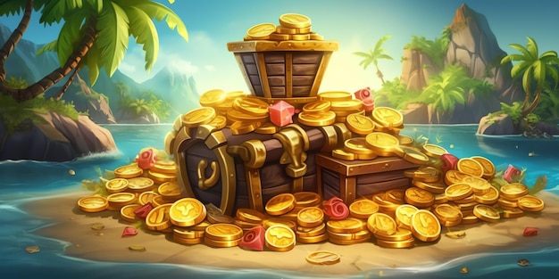 Un cofre del tesoro está apilado en una playa con monedas de oro.