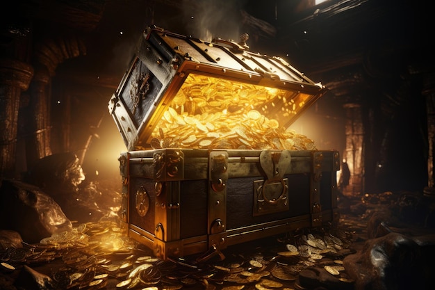 El cofre del tesoro está lleno de monedas de oro.